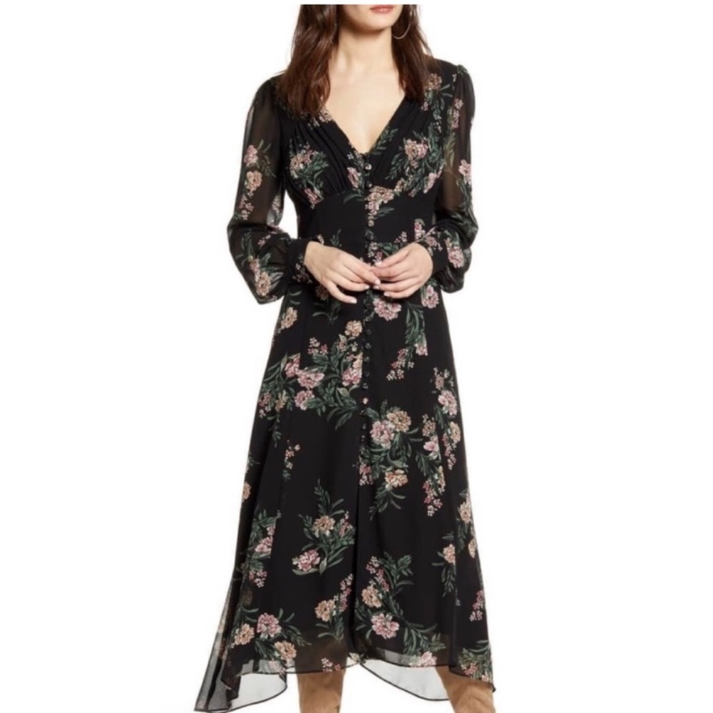 ASTR The label Floral Black Dress midi long sleeve dress